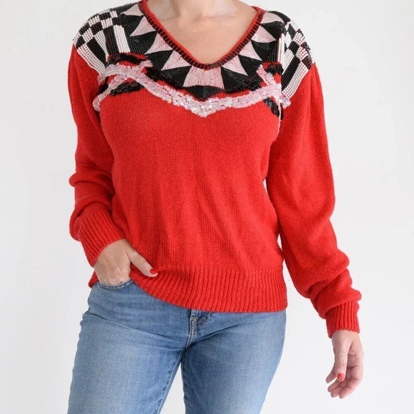 Vintage L.L. European Red with Black & White Beaded V-neck Knit Sweater Size 38 - Picture 2 of 12